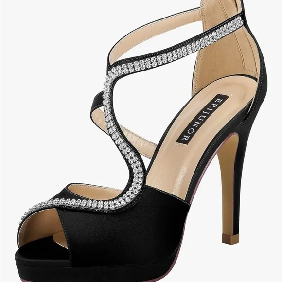 ERIJUNOR High Heels Peep Toe Rhinestone S Strap Prom Wedding Evening Shoes - Picture 2 of 7
